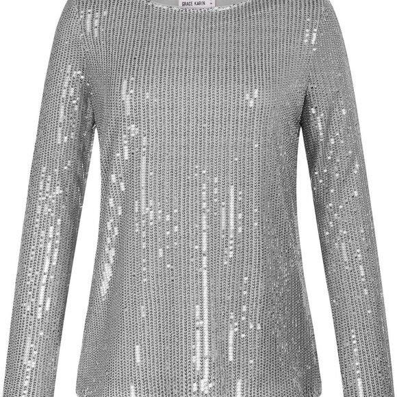 GRACE KARIN Sequin Tops Sparkly Blouse Gray Small - Picture 6 of 7